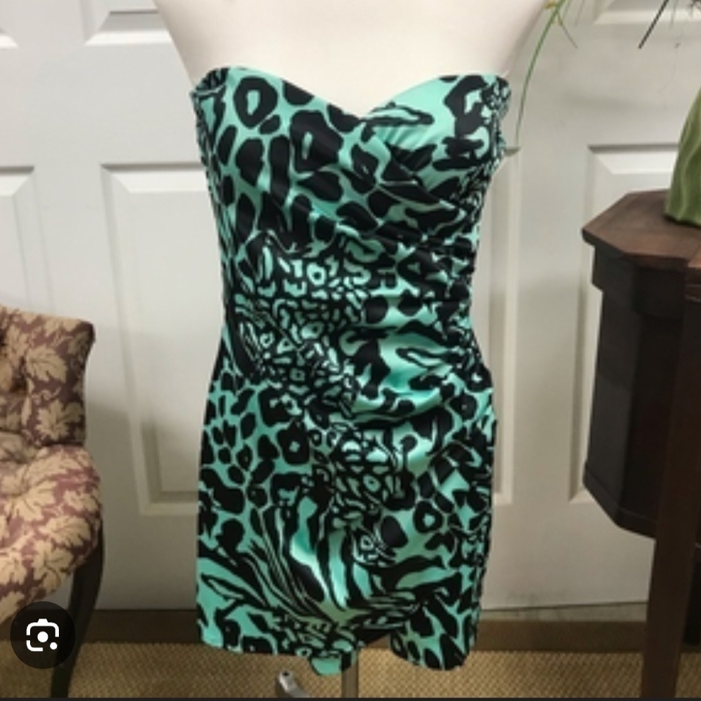 Wishes Wishes Wishes Party Homecoming Strapless Teal/Black Animal Print Dress 7